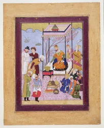 Khamsa von Nizami in einem Pavillon unter Anhängern und Begleitern, ca. 1590